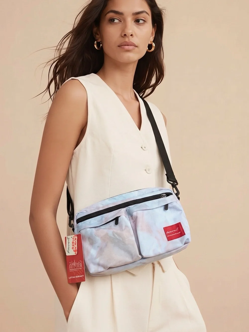Free People Movement Light Blue Tie-Dye Crossbody Bag with Red Patch NWT